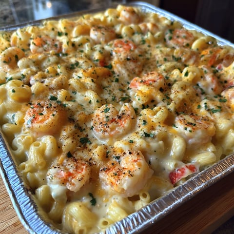 A pan of Seafood Mac and Cheese is ready to be served.