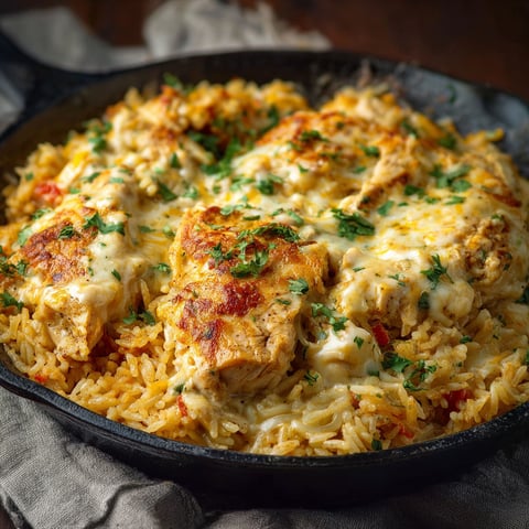 A delicious Arroz Con Pollo Cheesy Chicken and Rice dish is served in a black skillet.