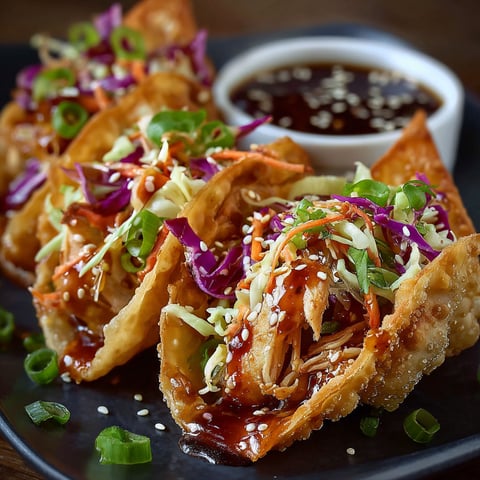 A plate of Crispy Chicken Wonton Tacos with a dipping sauce.