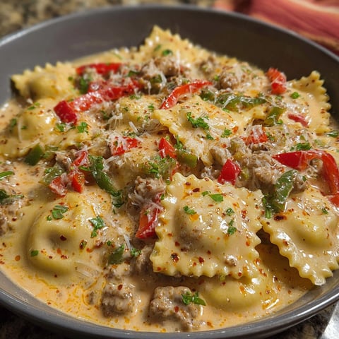 A bowl of Creamy Cajun Sausage Ravioli, topped with tomatoes and green herbs.