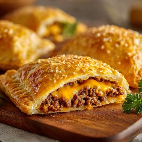 A delicious cheeseburger pocket is served on a wooden platter.
