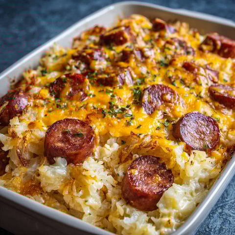 A delicious smoked sausage cheesy potato dish in a white bowl.