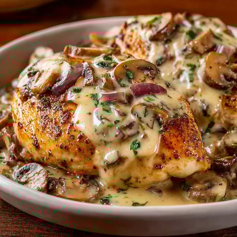 A plate of smothered chicken with mushrooms and onions.