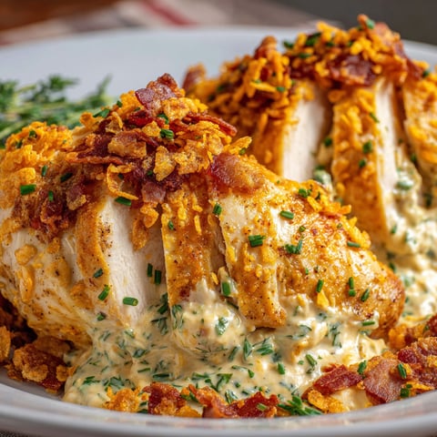 A plate of Cream Cheese Bacon Doritos Chicken with a side of bacon bits.