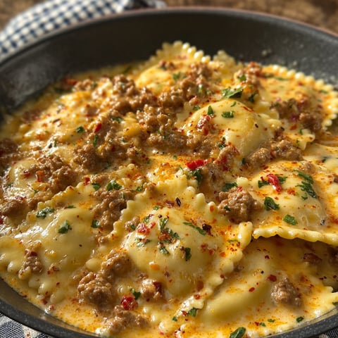 A delicious Cajun Sausage Ravioli dish is ready to be served.