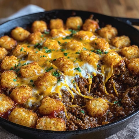 A delicious Sloppy Joe Tater Tot Casserole is cooked in a skillet and ready to be served.