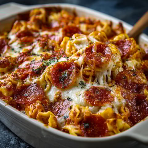 A delicious Cheesy Pizza Tortellini dish is served in a white bowl.