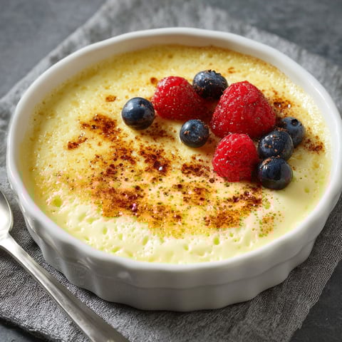 A bowl of custard with blueberries and raspberries on top.