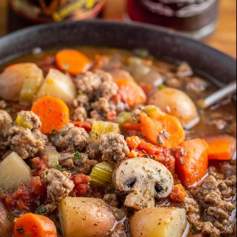 A close up of a delicious Witches Brew Stew, filled with meat, potatoes, carrots, and mushrooms.