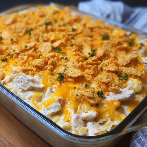 A delicious Million Dollar Chicken Casserole is ready to be served.