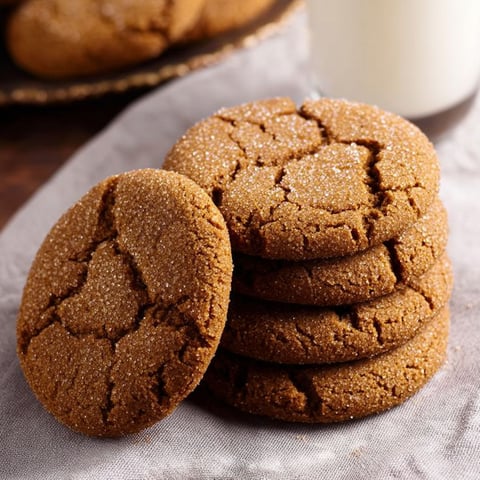 A stack of Gingersnap cookies with a glass of milk.