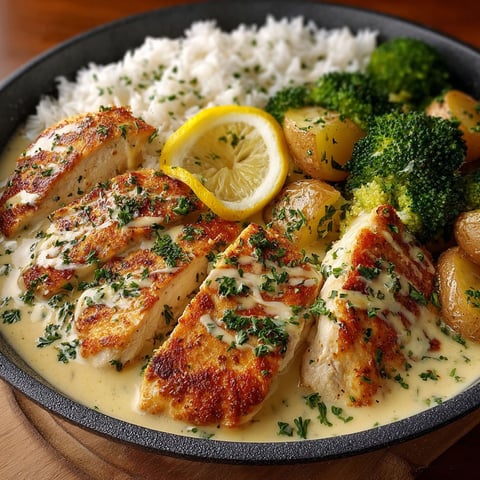 A delicious Creamy Lemon Chicken Bowl with Rice, Potatoes, and Broccoli.