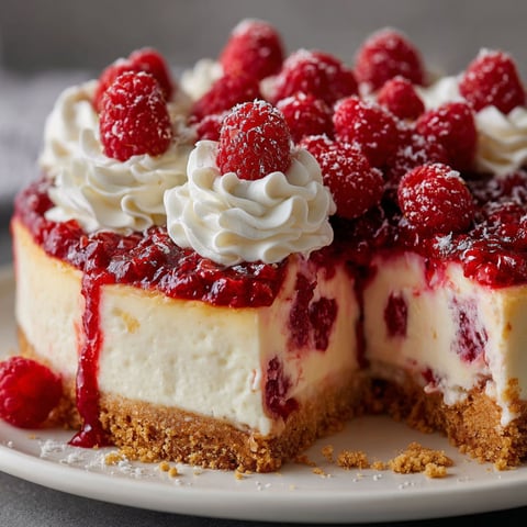 A slice of Raspberry Cream Cheesecake with white whipped cream and raspberries on top.