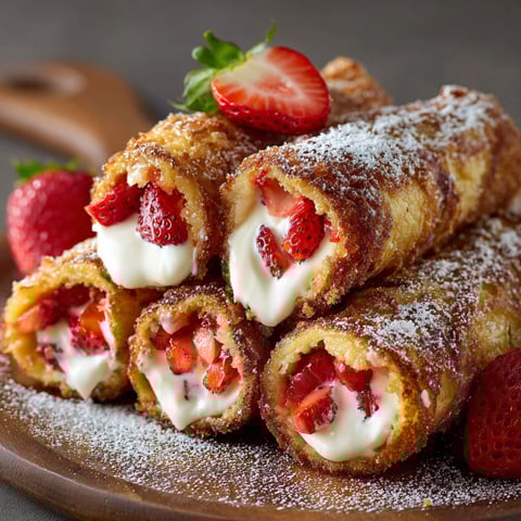 A delicious dessert made from French toast roll-ups filled with strawberry cheesecake and powdered sugar.