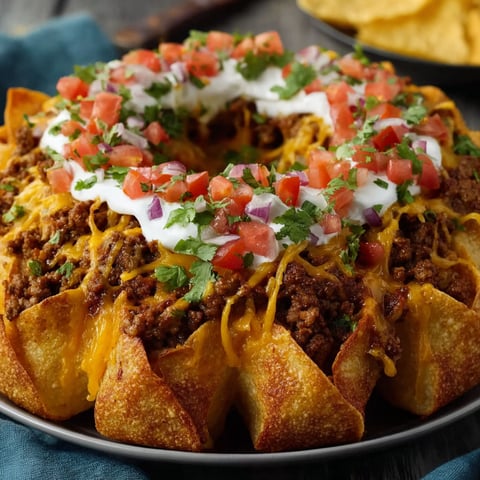 A delicious looking nacho dish in a Bundt pan, topped with cheese and tomatoes.