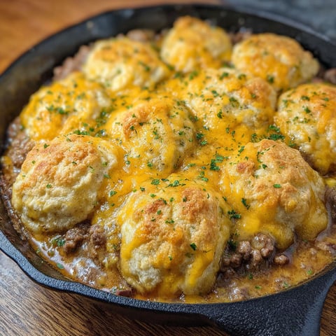 A delicious Cheddar Bay Hamburger Casserole is cooked in a skillet, ready to be served.