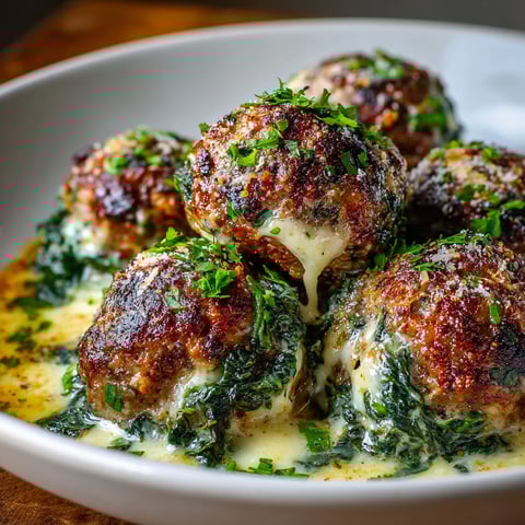 A plate of spinach garlic meatballs stuffed with mozzarella cheese.
