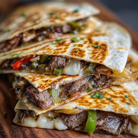 A delicious Philly Cheesesteak Quesadilla is stacked on a wooden cutting board.