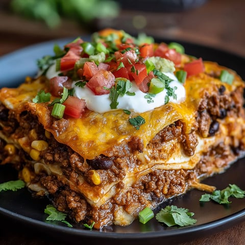 A delicious Cheesy Taco Lasagna is served on a black plate.