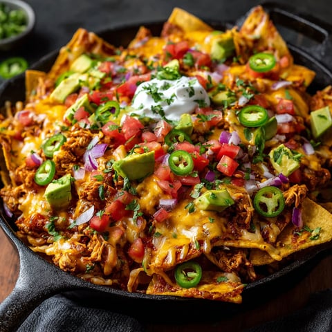 A delicious loaded chicken nacho dish is served in a black skillet.