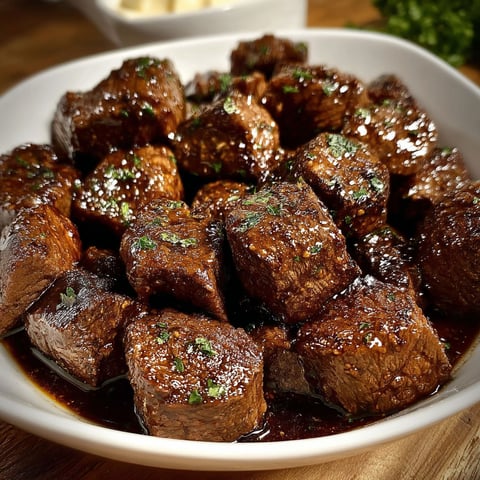 A bowl of beef steak bites cooked in a crockpot.