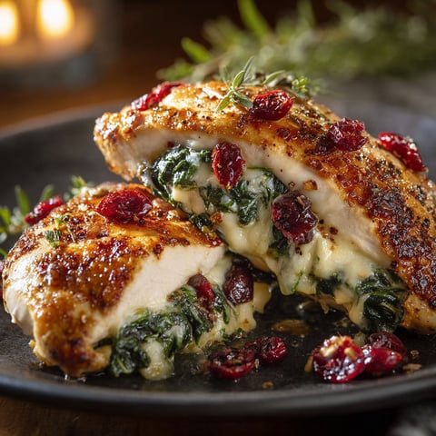 A plate of Cranberry Spinach Stuffed Chicken Brie is displayed on a table.