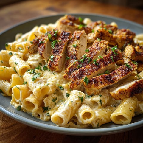 A plate of Creamy Rigatoni Alfredo Cajun pasta with chicken and herbs.