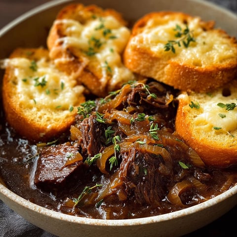 A bowl of French Onion Braised Beef with a side of garlic bread.