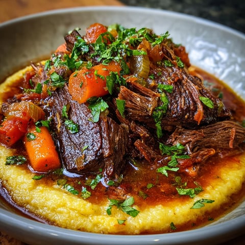 A delicious Stracotto dish, featuring a pot roast with vegetables and herbs, served in a bowl.