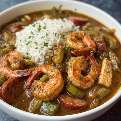 A bowl of Instant Pot Louisiana Gumbo with Chicken and Shrimp, topped with rice and green onions.
