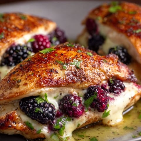 A plate of chicken with blackberries and jalapenos stuffed inside, drizzled with a sauce.