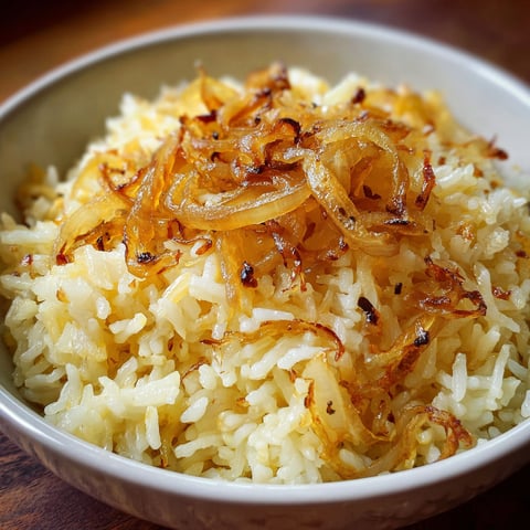 A bowl of rice with onions on top.