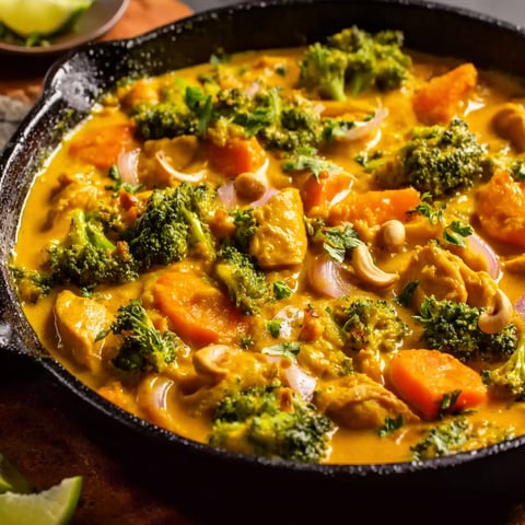 A delicious Thai Pumpkin Curry is cooking in a black pan, filled with a variety of vegetables and spices.
