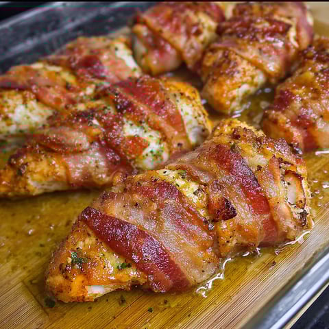 Bacon Wrapped Garlic Parmesan Chicken on a wooden cutting board.