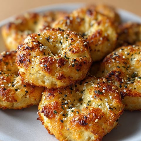 A plate of Cottage Cheese Bagel Bites, topped with sesame seeds, is ready to be enjoyed.