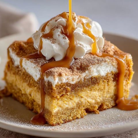A slice of Pumpkin Spice Gooey Cake with caramel drizzle on a plate.