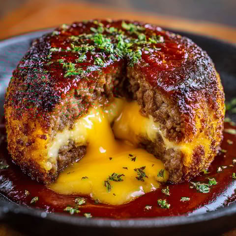 A close-up of a delicious cheeseburger lava cake with melted cheese and a side of bacon.