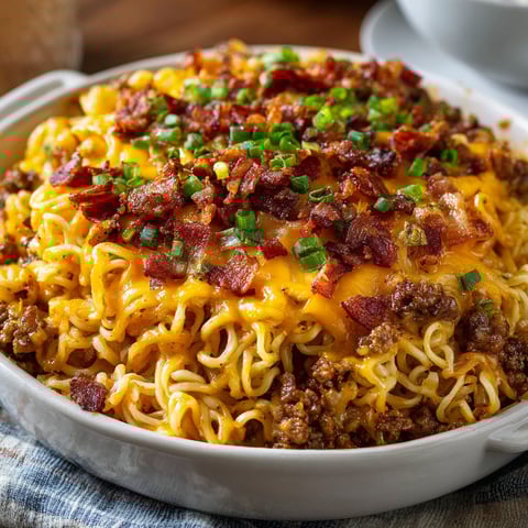A delicious Bacon Cheeseburger Ramen Noodle Bake is ready to be eaten.