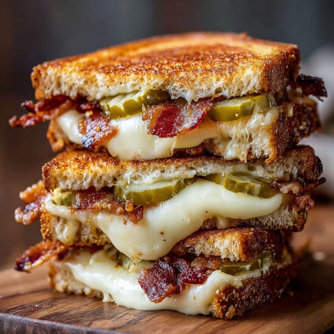 A stack of three grilled cheese sandwiches with bacon and pickles.