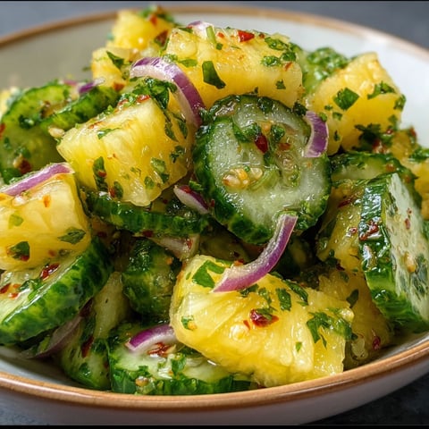 A bowl of freshly cut cucumbers and pineapple, seasoned with red pepper flakes, creates a refreshing salad.