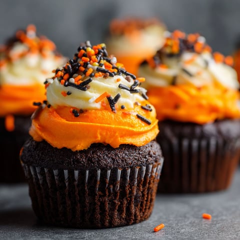 A delicious treat made from chocolate and orange frosting, topped with orange and black sprinkles.