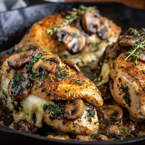 A delicious meal of Garlic Butter Mushroom Chicken is served in a black skillet.