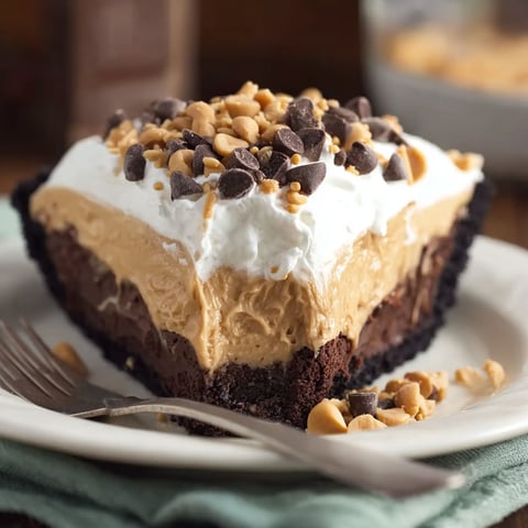 A slice of a Brownie Bottom Peanut Butter Pie is served on a white plate.