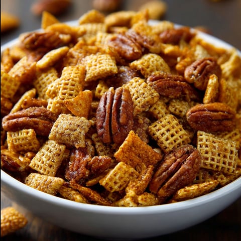 A bowl filled with Maple Pecan Crunch Mix, a delicious and crunchy snack.