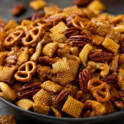 A bowl filled with a mix of cereal, nuts, and pretzels, topped with a sweet toffee sauce.