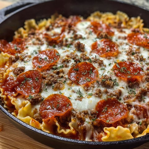A skillet filled with a delicious pizza lasagna bake.
