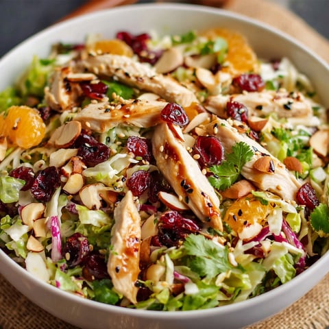 A bowl of Asian Chicken Cranberry Salad with a variety of ingredients, including chicken, cranberries, lettuce, and nuts.