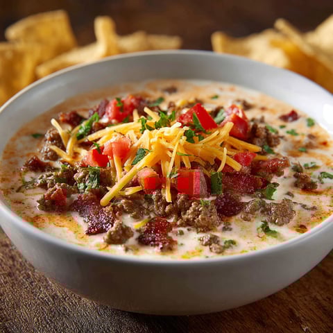 A bowl of Bacon Cheeseburger Queso Dip with a spoon in it.