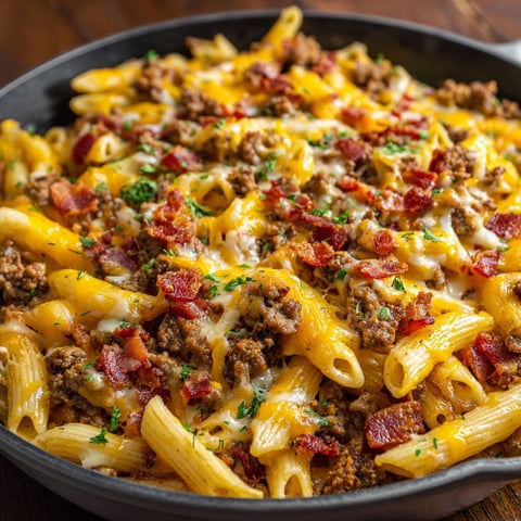A delicious Bacon Cheeseburger Pasta Bake is ready to be served.