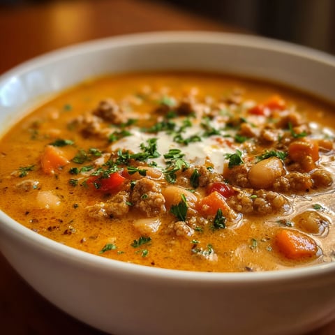 A bowl of Creamy Turkey Pumpkin Chili is filled with a delicious mixture of ingredients, including meat, vegetables, and a creamy sauce.
